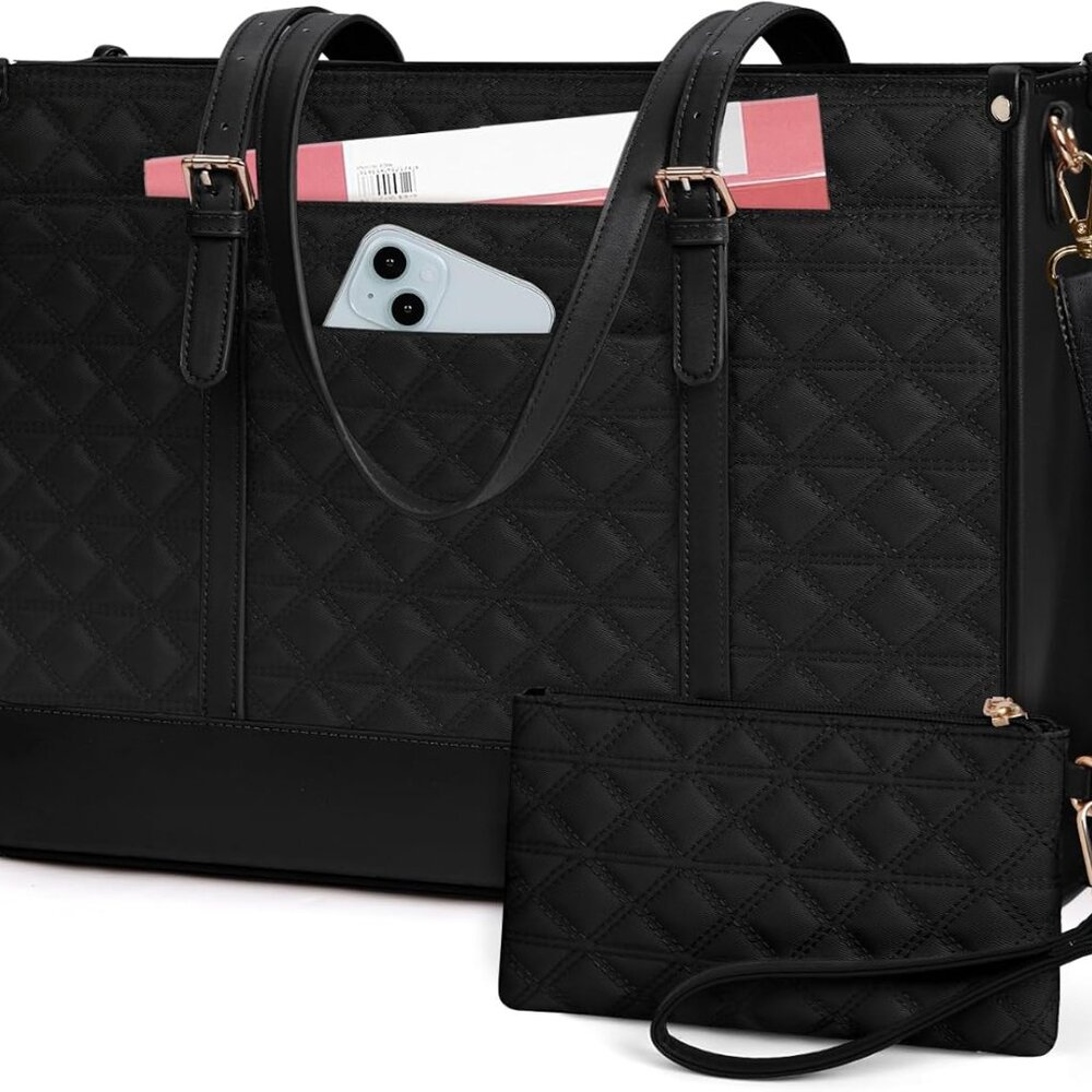 Black 15.6 Inch Quilted Faux Leather Laptop Tote with Clutch & Adjustable Straps